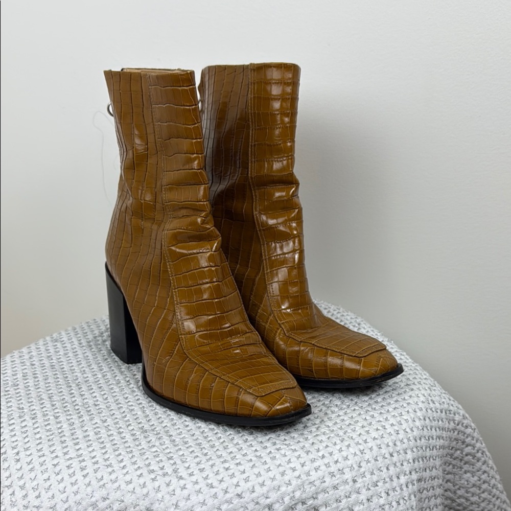 Aeyde Tan Croc-Embossed Heeled Boots